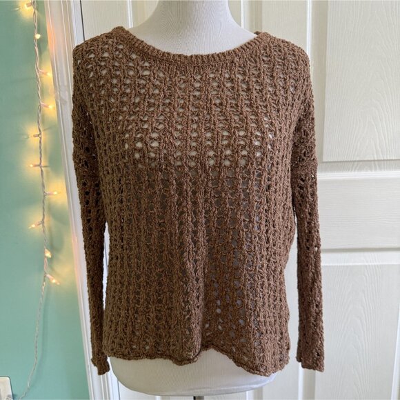 American Eagle Brown Open Knit Crochet Sweater Boho Long Sleeve Medium - Picture 1 of 4